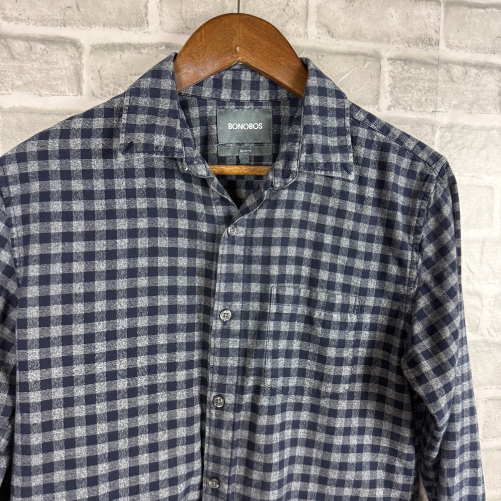 Bonobos Mens Slim Fit Flannel Shirt Navy Blue Grey Gingham Check Small S